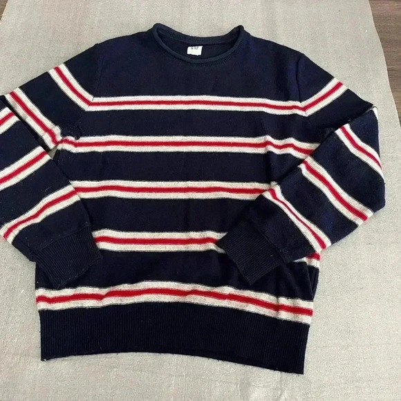 [M]Gap Rolled Neck Cream/ Red Stripes Navy Blue Wool  Blend Sweater - Picture 1 of 8